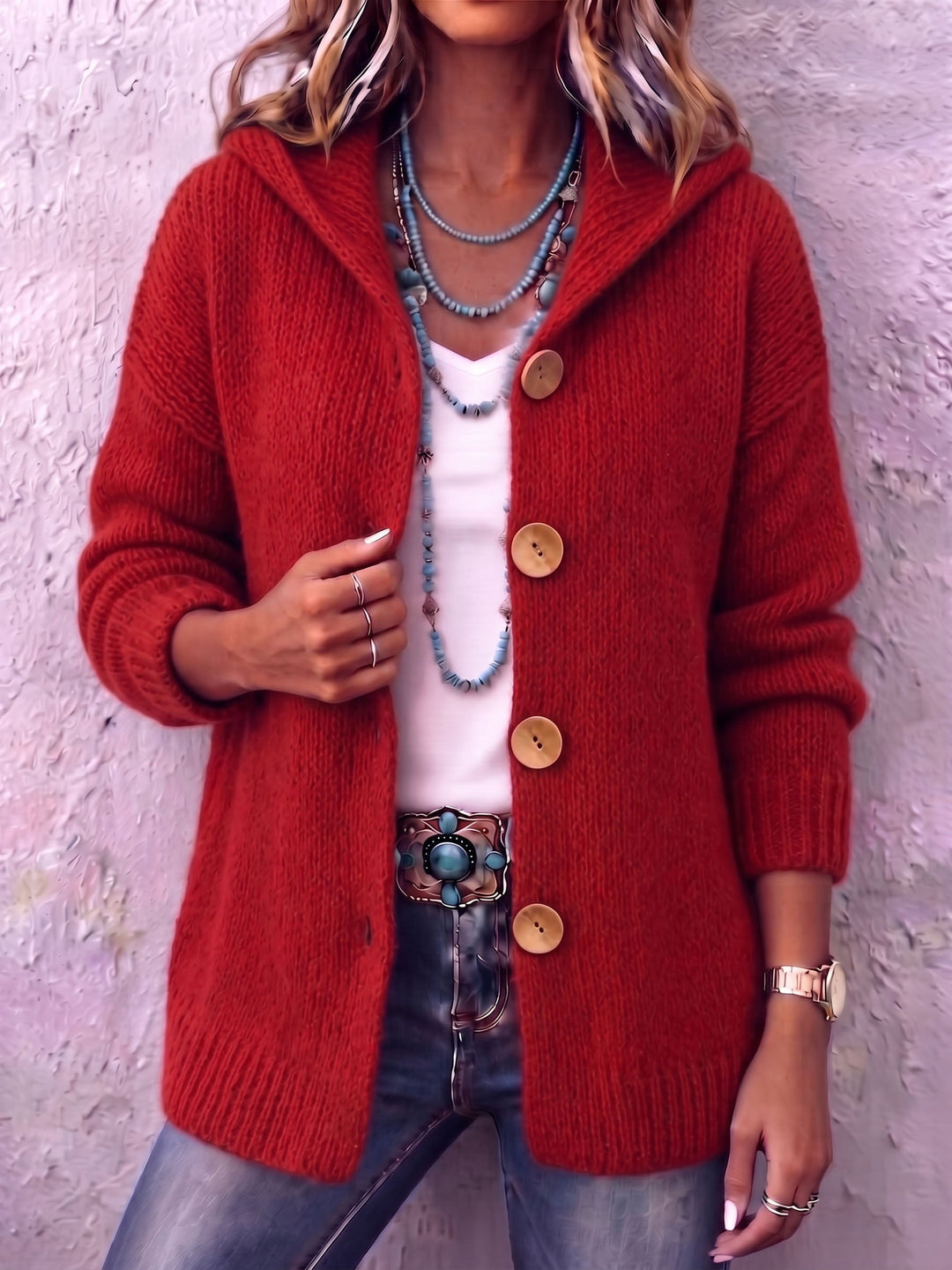 Women's knitted hooded cardigan, button-up autumn vest