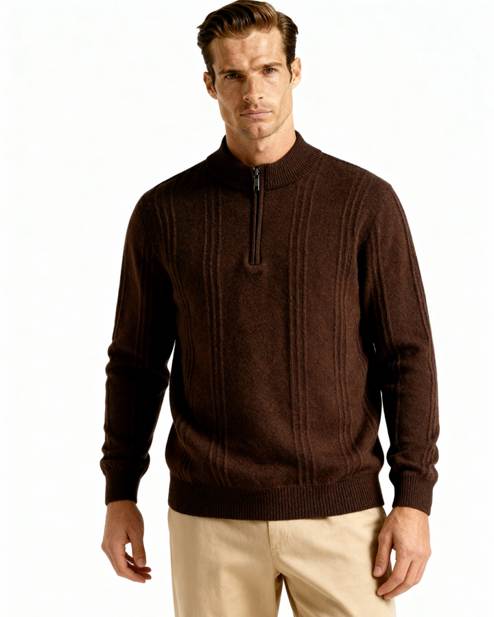 Men’s ribbed cashmere sweater with a stand-up collar and zipper, for autumn