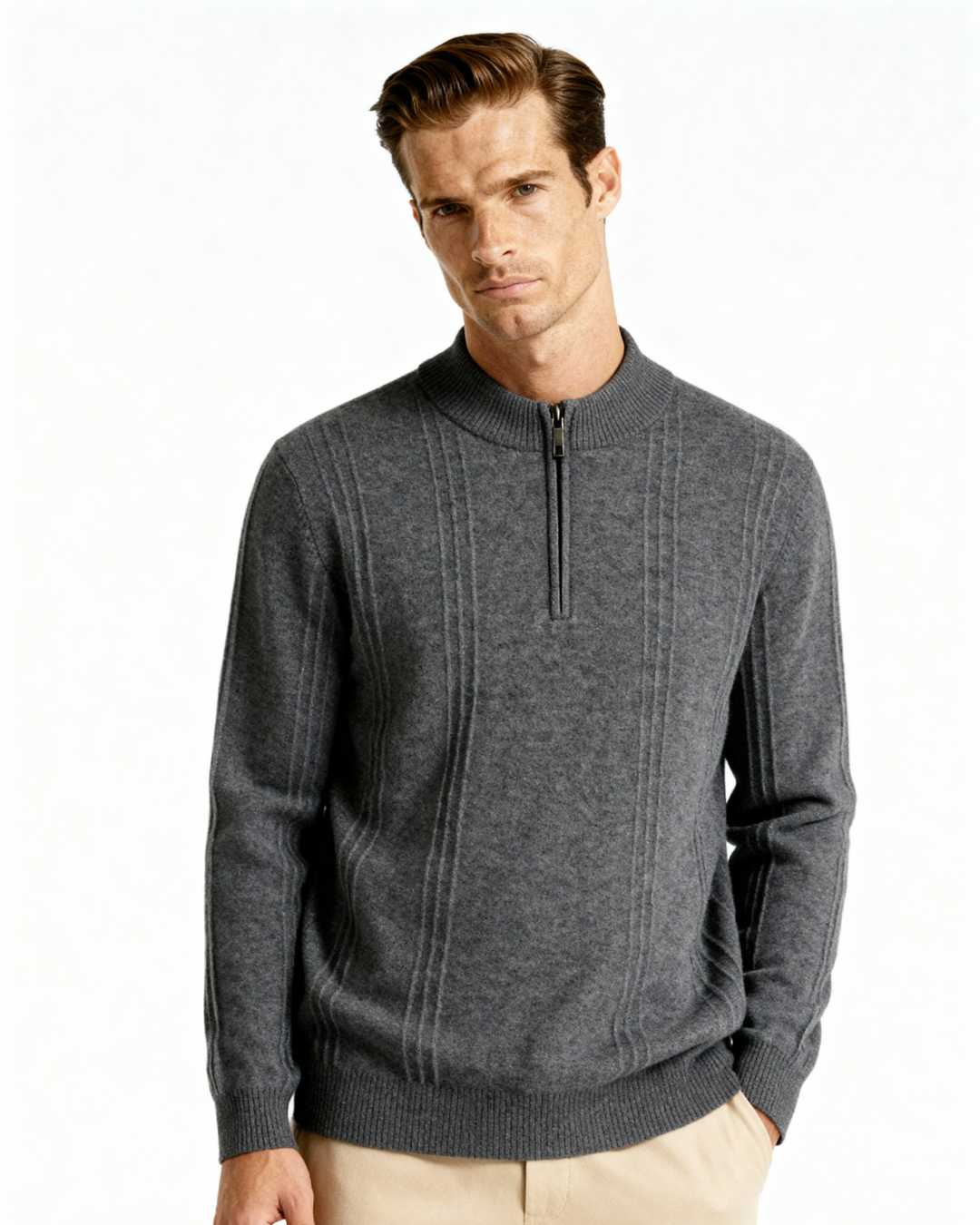 Men’s ribbed cashmere sweater with a stand-up collar and zipper, for autumn