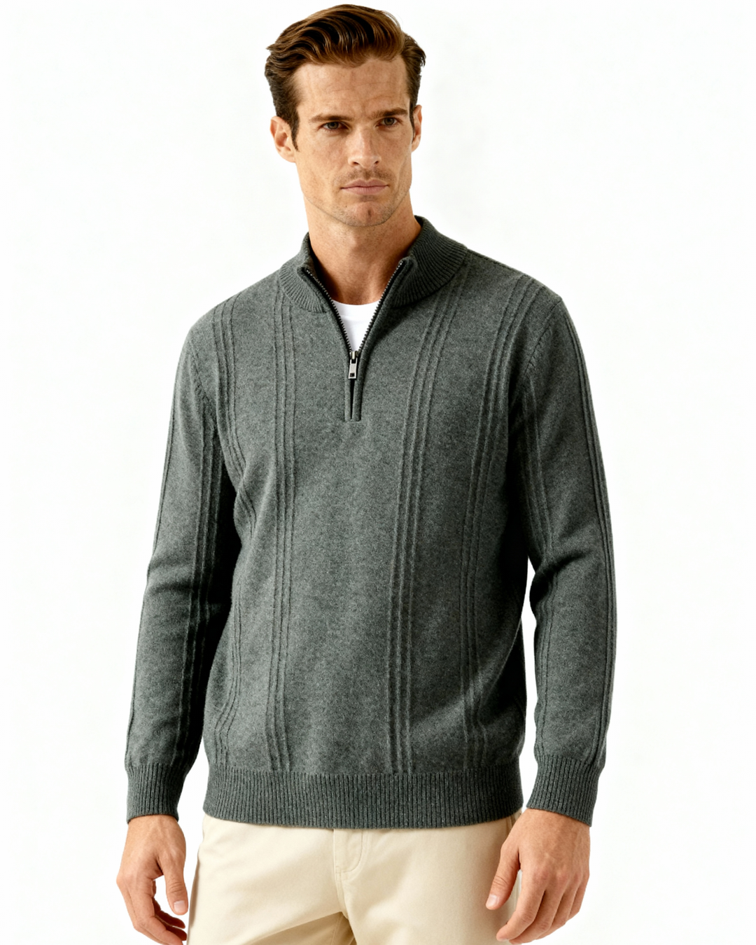 Men’s ribbed cashmere sweater with a stand-up collar and zipper, for autumn
