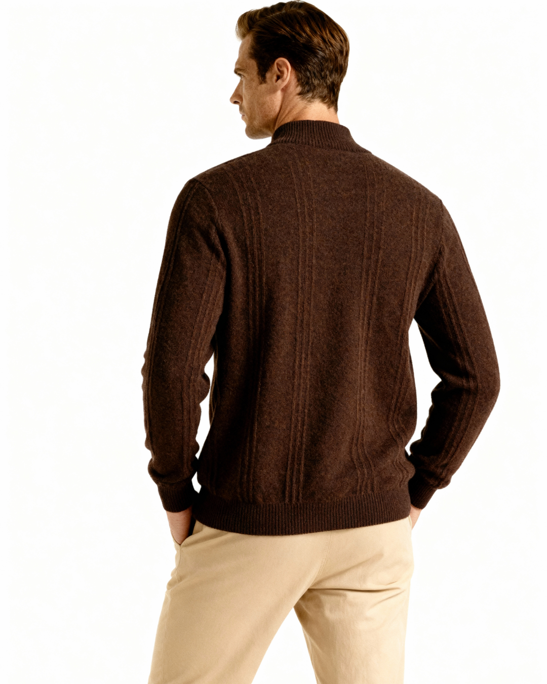 Men’s ribbed cashmere sweater with a stand-up collar and zipper, for autumn