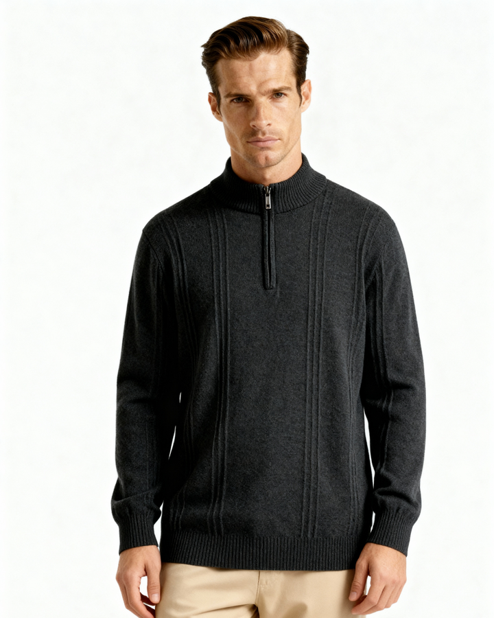 Men’s ribbed cashmere sweater with a stand-up collar and zipper, for autumn