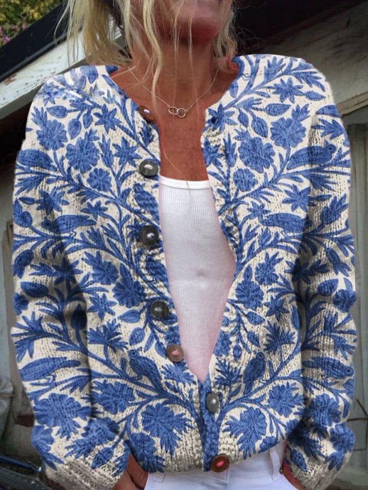 Women's button-front wool cardigan with floral patterns, autumn sweater