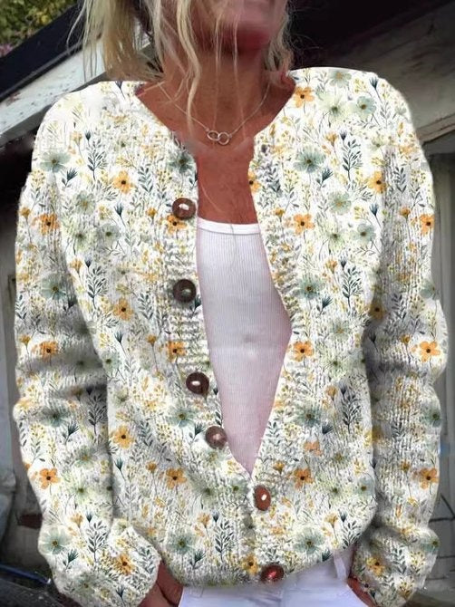 Women's button-front wool cardigan with floral patterns, autumn sweater