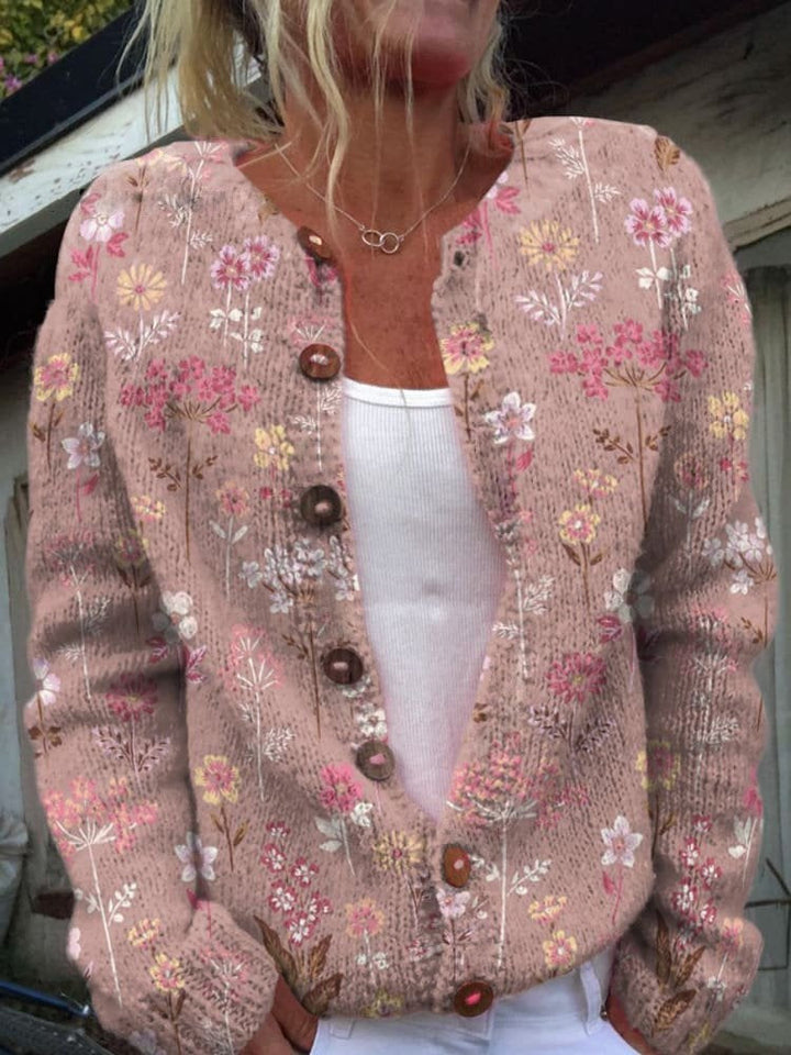 Women's button-front wool cardigan with floral patterns, autumn sweater