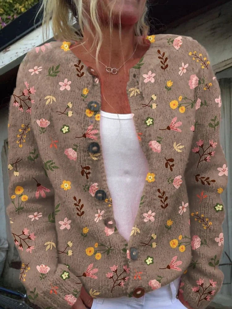Women's button-front wool cardigan with floral patterns, autumn sweater