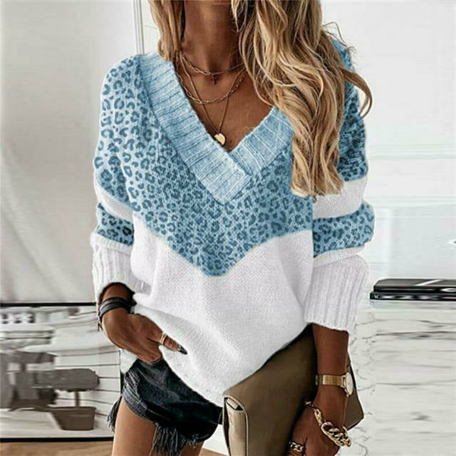 Women’s leopard-print patchwork knit sweater for autumn and winter