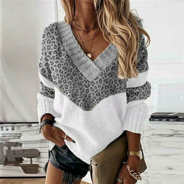 Women’s leopard-print patchwork knit sweater for autumn and winter