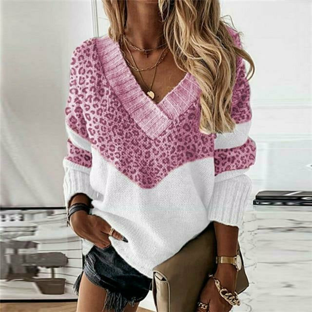 Women’s leopard-print patchwork knit sweater for autumn and winter