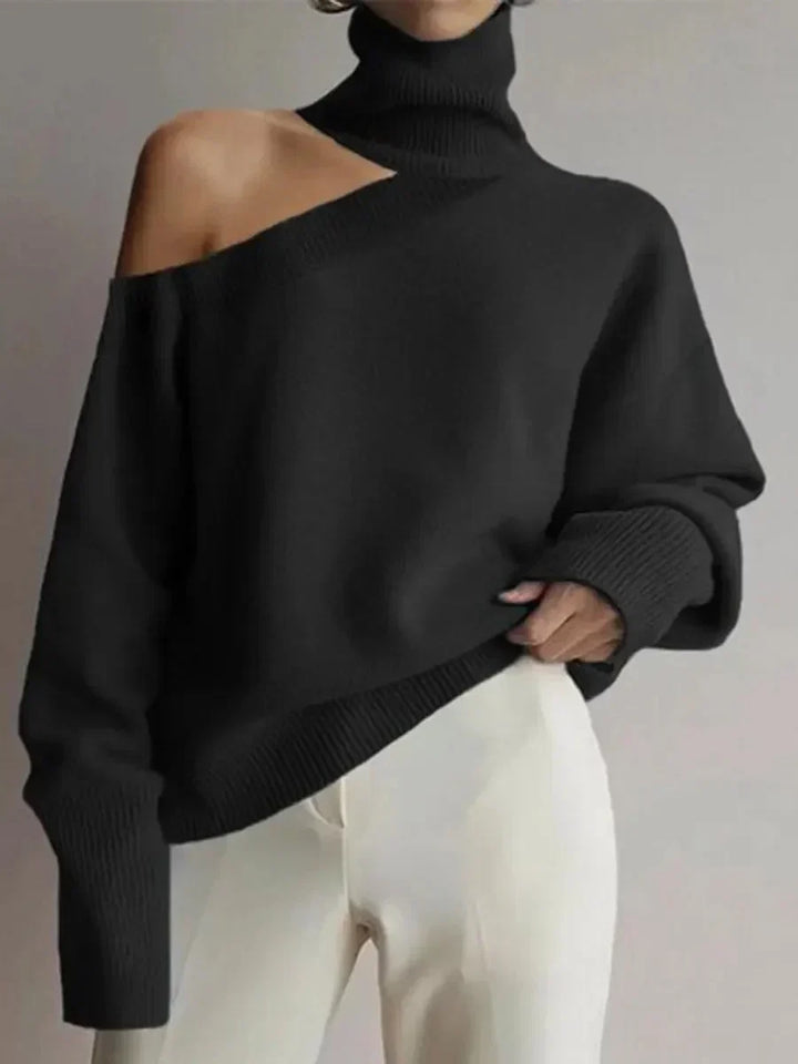 Pull femme en maille de laine à col montant et épaules dénudées, style moderne pour l’automne