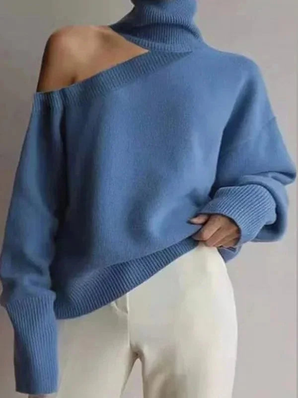 Pull femme en maille de laine à col montant et épaules dénudées, style moderne pour l’automne