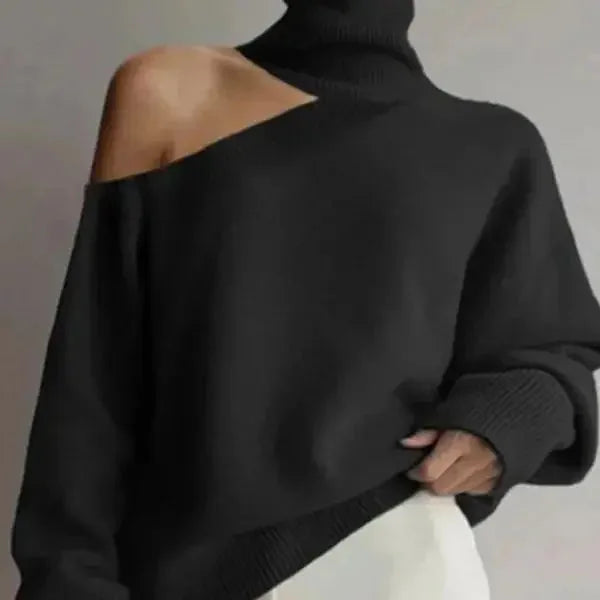 Pull femme en maille de laine à col montant et épaules dénudées, style moderne pour l’automne