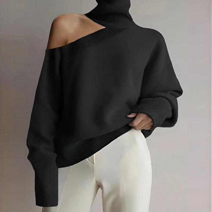 Pull femme en maille de laine à col montant et épaules dénudées, style moderne pour l’automne