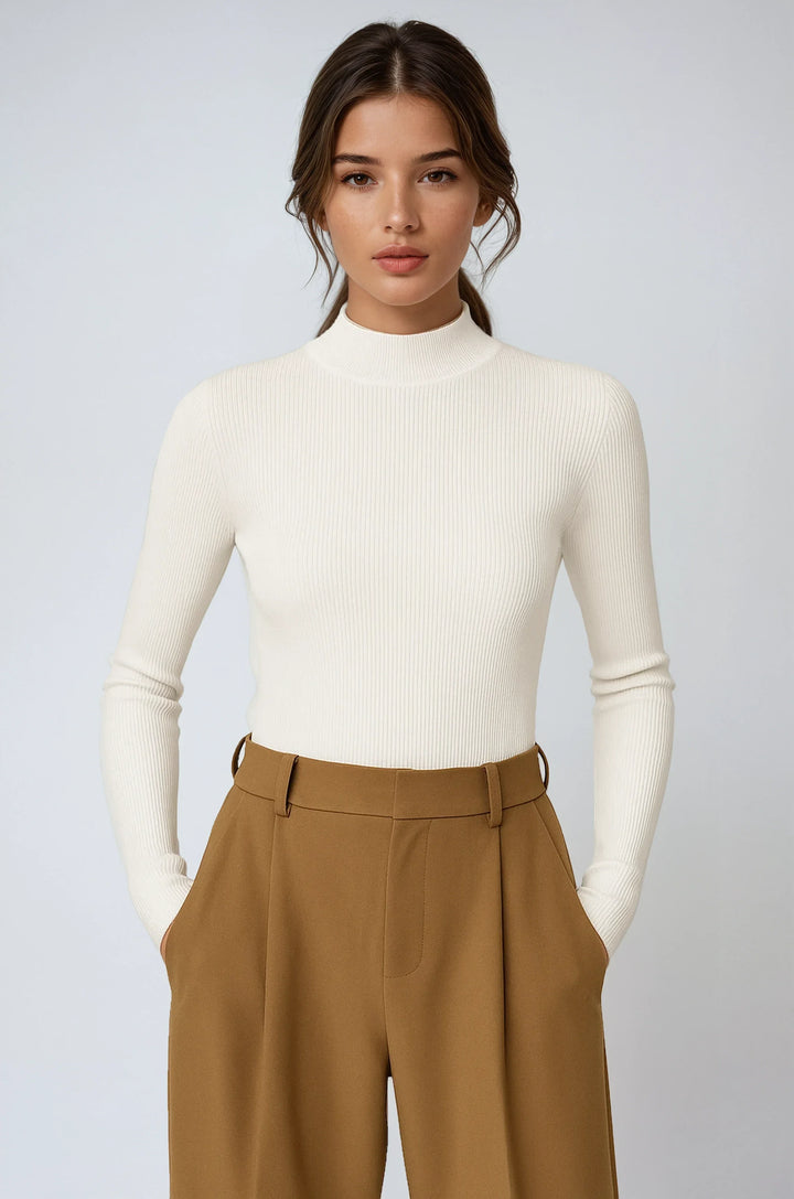 Pull femme en laine côtelée à col montant, coupe élégante et confortable pour l’automne