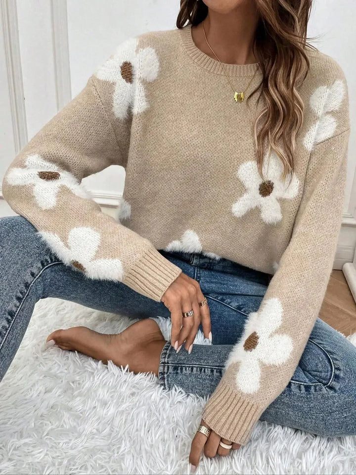 Pull femme en maille à col rond avec imprimé floral, modèle décontracté pour l’automne