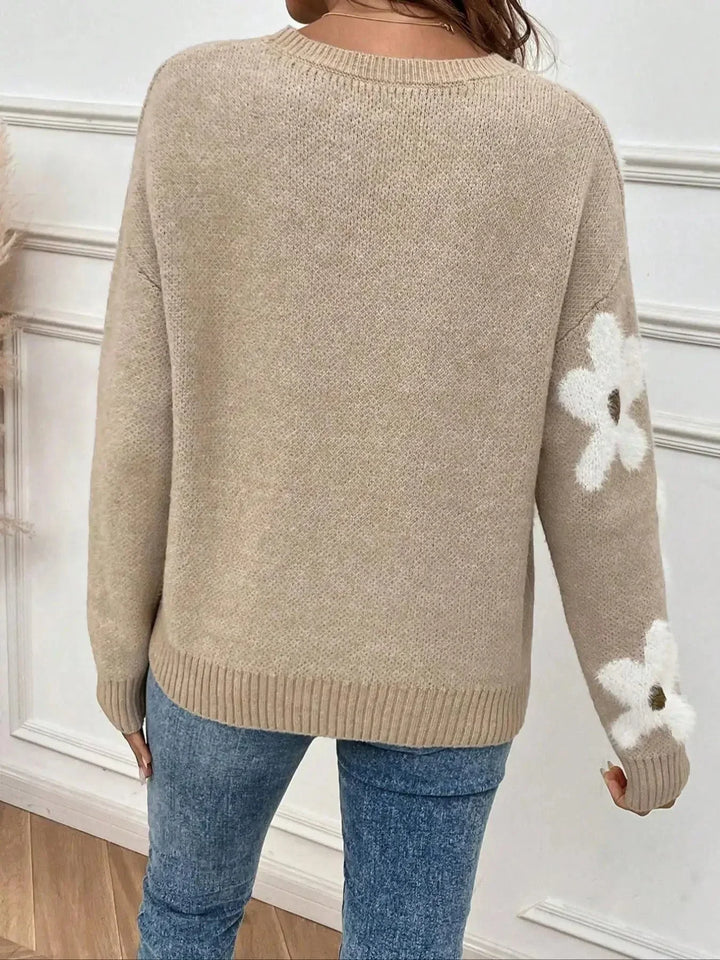 Pull femme en maille à col rond avec imprimé floral, modèle décontracté pour l’automne