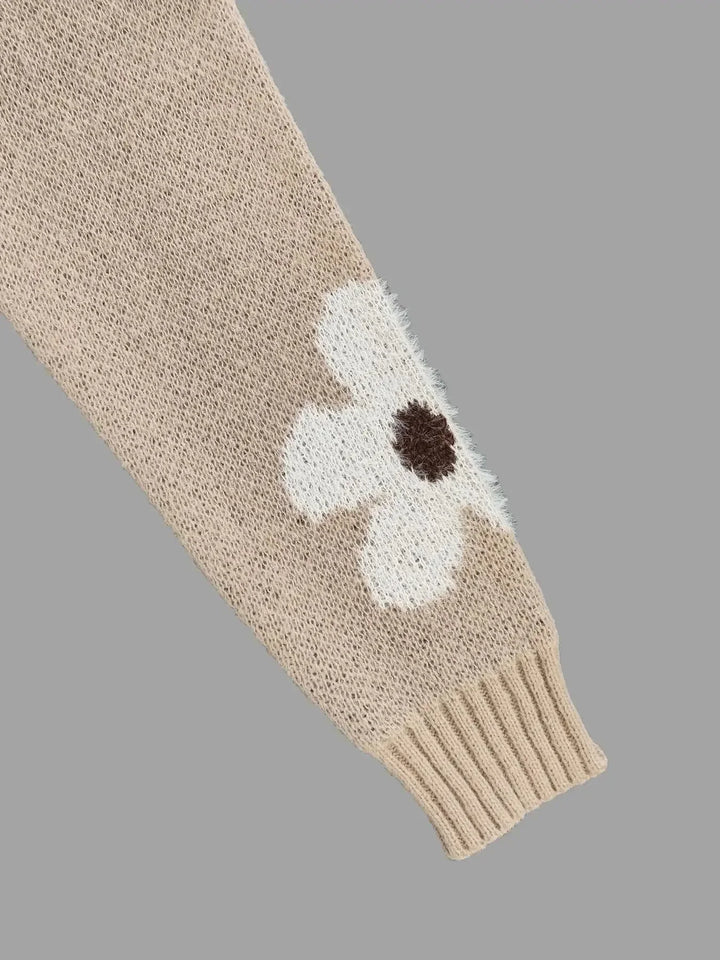 Pull femme en maille à col rond avec imprimé floral, modèle décontracté pour l’automne