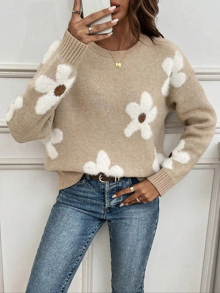 Pull femme en maille à col rond avec imprimé floral, modèle décontracté pour l’automne