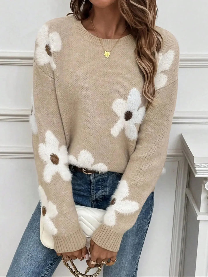 Pull femme en maille à col rond avec imprimé floral, modèle décontracté pour l’automne