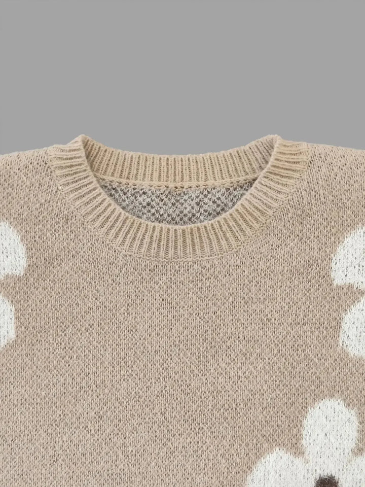Pull femme en maille à col rond avec imprimé floral, modèle décontracté pour l’automne
