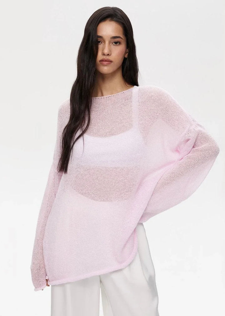 Pull femme en maille légère et ajourée, coupe décontractée et respirante pour l’automne