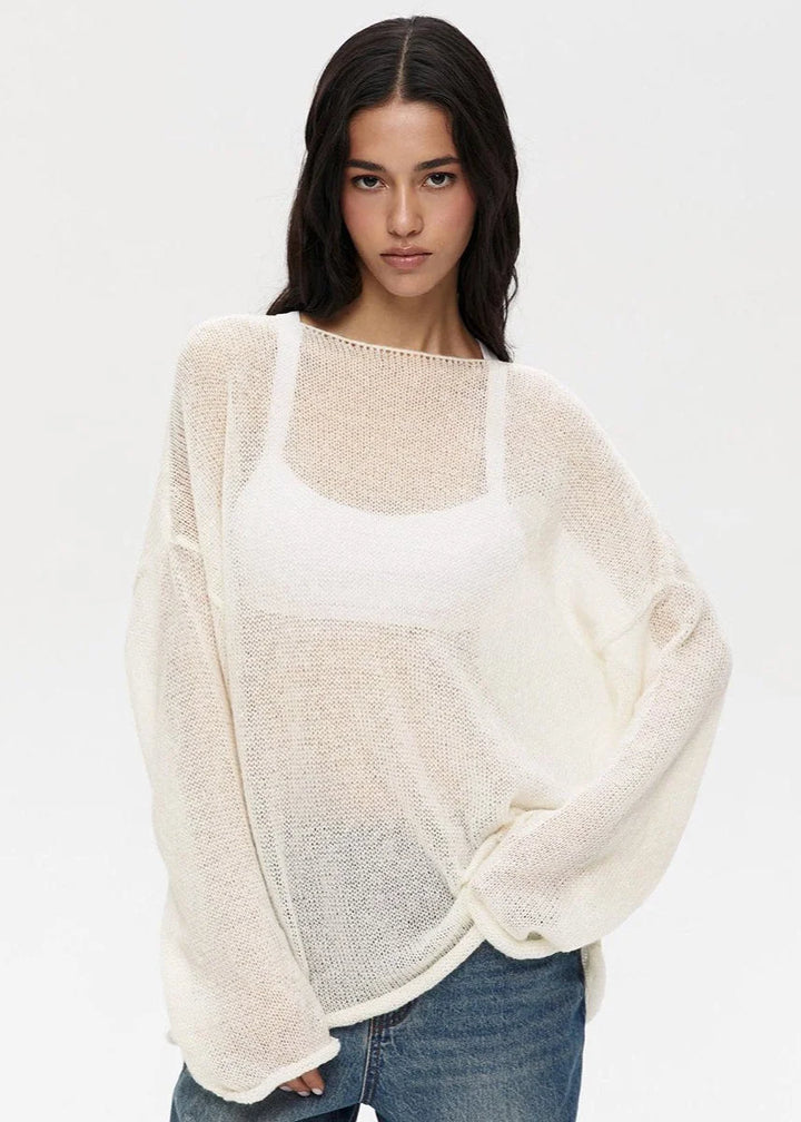 Pull femme en maille légère et ajourée, coupe décontractée et respirante pour l’automne