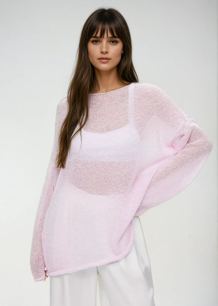 Pull femme en maille légère et ajourée, coupe décontractée et respirante pour l’automne