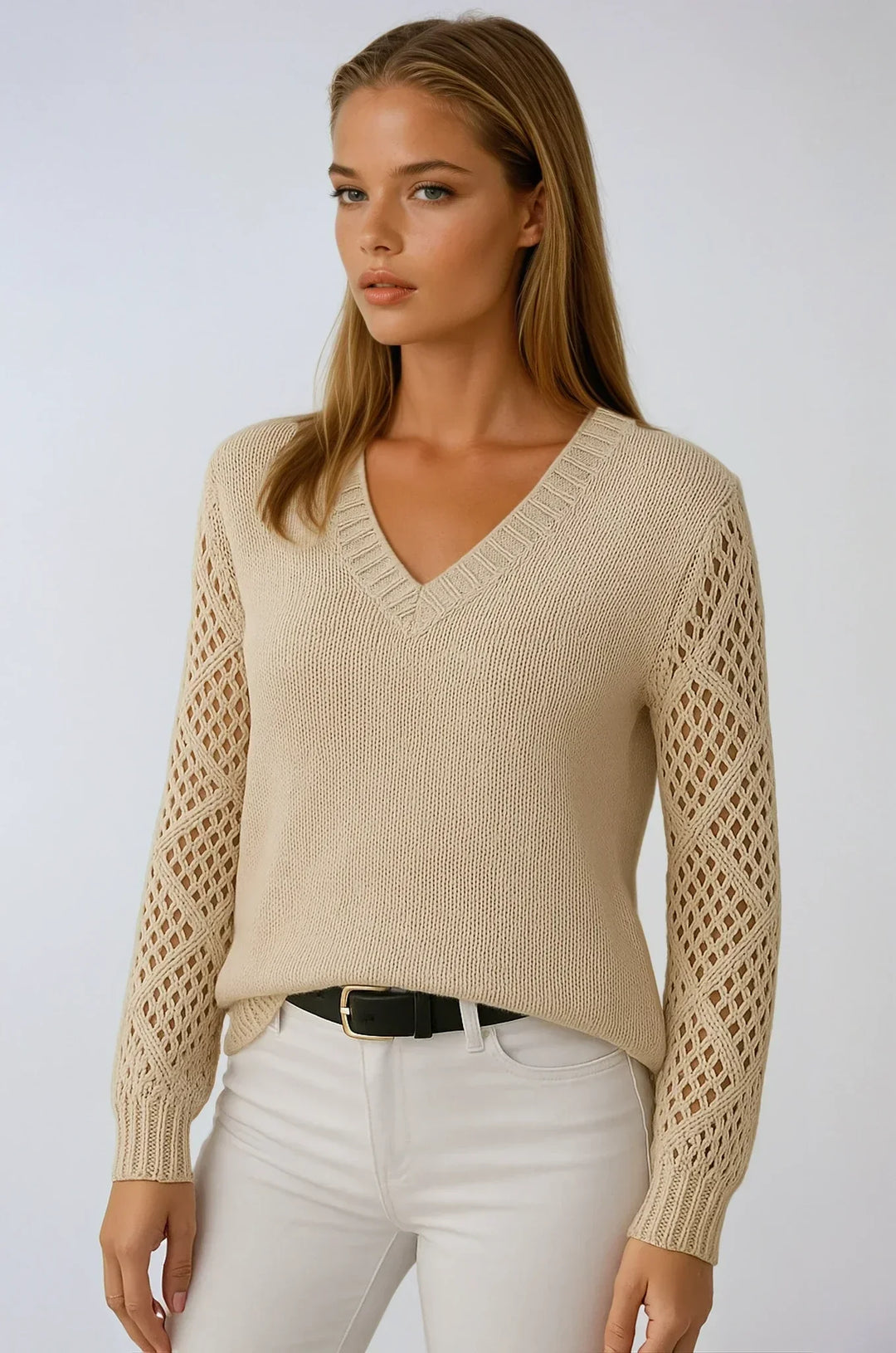 Women's open-knit sweater with crocheted sleeves, casual autumn style