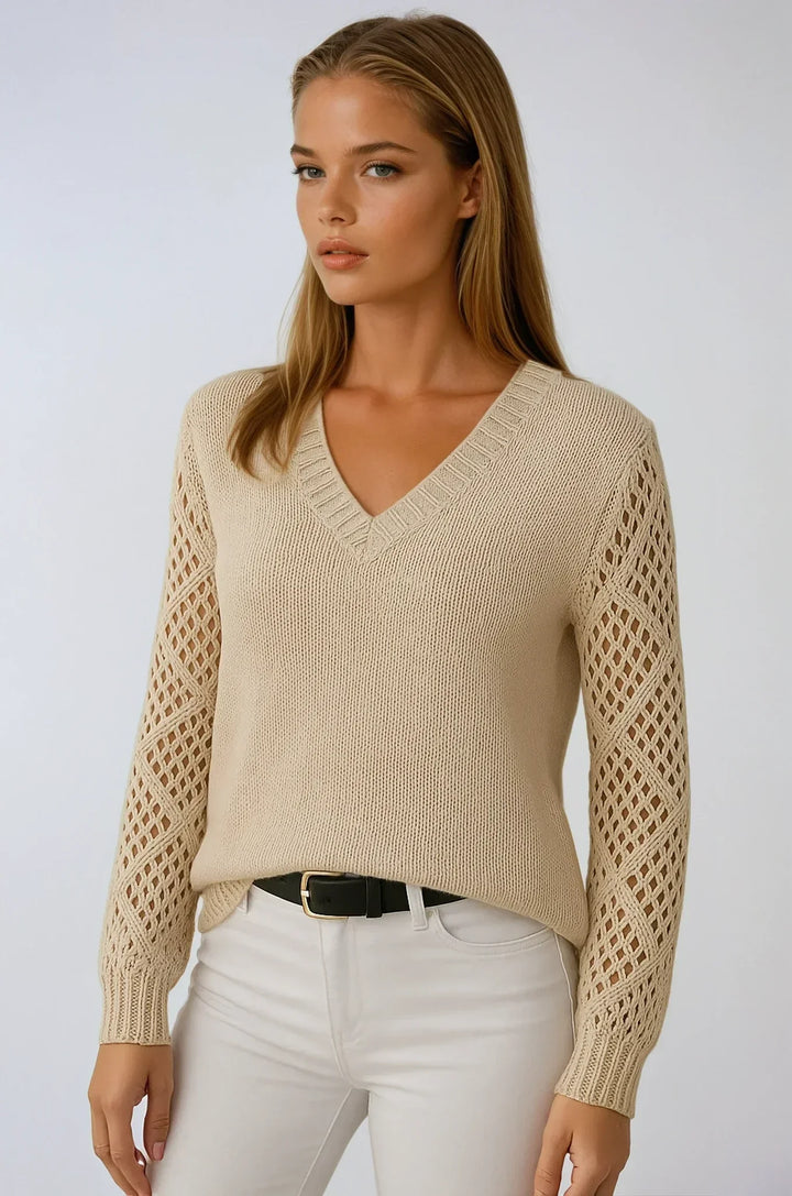 Women's open-knit sweater with crocheted sleeves, casual autumn style