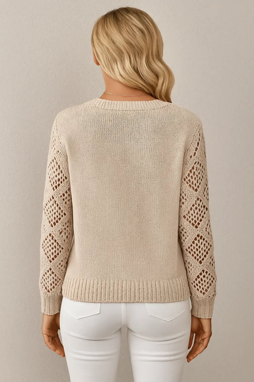 Women's open-knit sweater with crocheted sleeves, casual autumn style