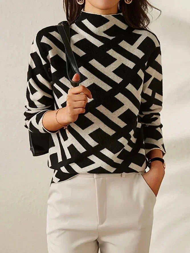 Pull femme en laine tricotée à motif géométrique, modèle décontracté et confortable pour l’automne