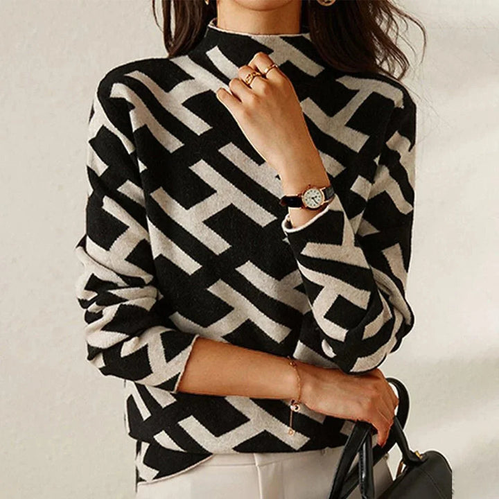 Pull femme en laine tricotée à motif géométrique, modèle décontracté et confortable pour l’automne