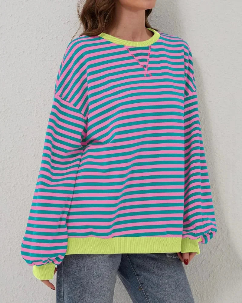 Women’s striped knit pullover with a loose fit, a casual and trendy style for autumn