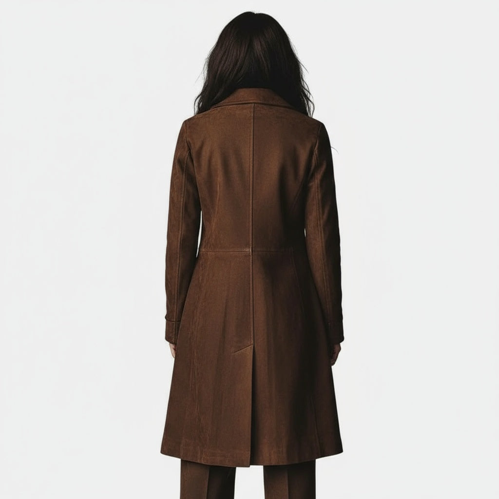 Manteau long femme en suédine, manteau élégant boutonné à col tailleur pour l'automne-hiver
