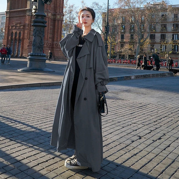 Women's long double-breasted cotton trench coat with belt for autumn