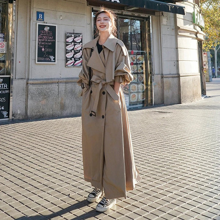 Women's long double-breasted cotton trench coat with belt for autumn