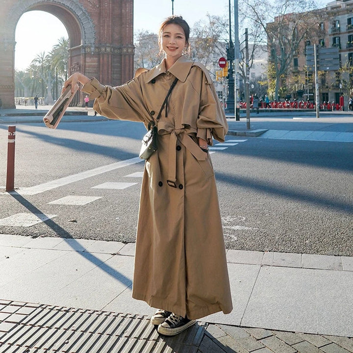 Women's long double-breasted cotton trench coat with belt for autumn