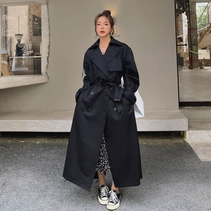 Women's long double-breasted cotton trench coat with belt for autumn