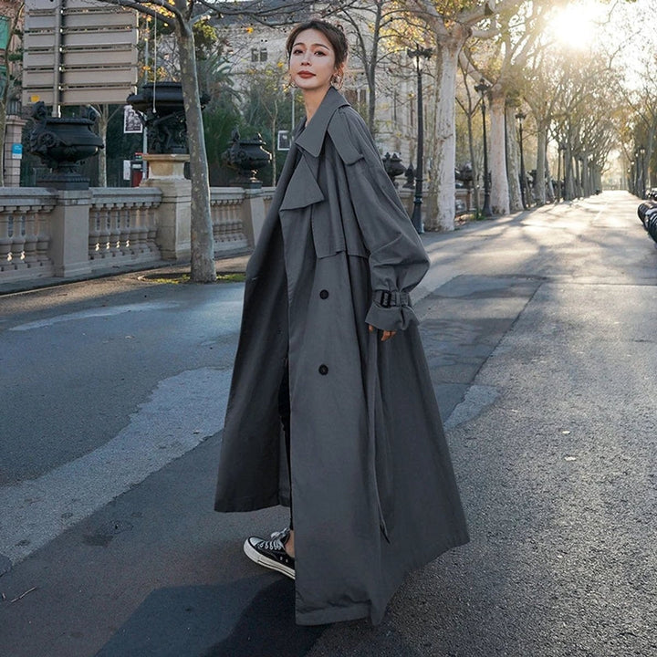 Women's long double-breasted cotton trench coat with belt for autumn