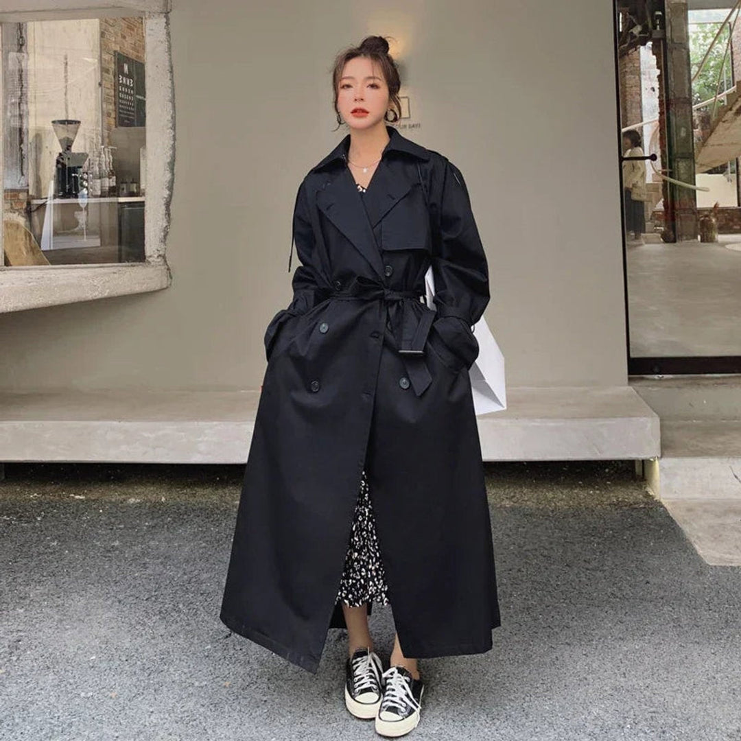 Women's long double-breasted cotton trench coat with belt for autumn