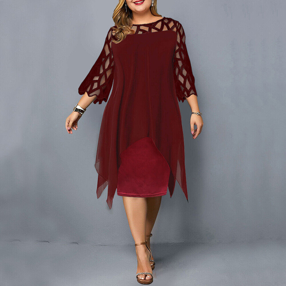 Nola | Elegant Plus-Size Midi Evening Lace Dress with 3/4 Sleeves, Embroidered and Asymmetrical Design.