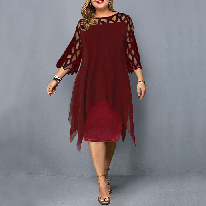 Nola | Elegant Plus-Size Midi Evening Lace Dress with 3/4 Sleeves, Embroidered and Asymmetrical Design.