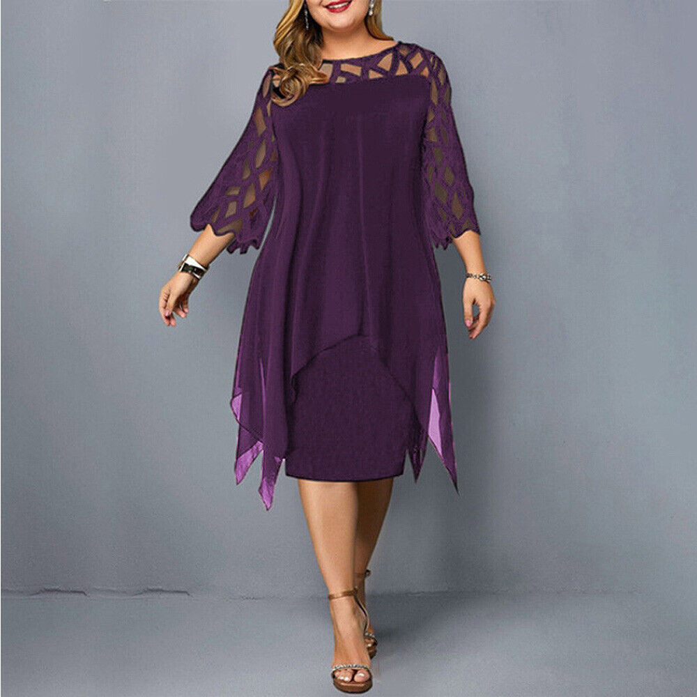 Nola | Elegant Plus-Size Midi Evening Lace Dress with 3/4 Sleeves, Embroidered and Asymmetrical Design.