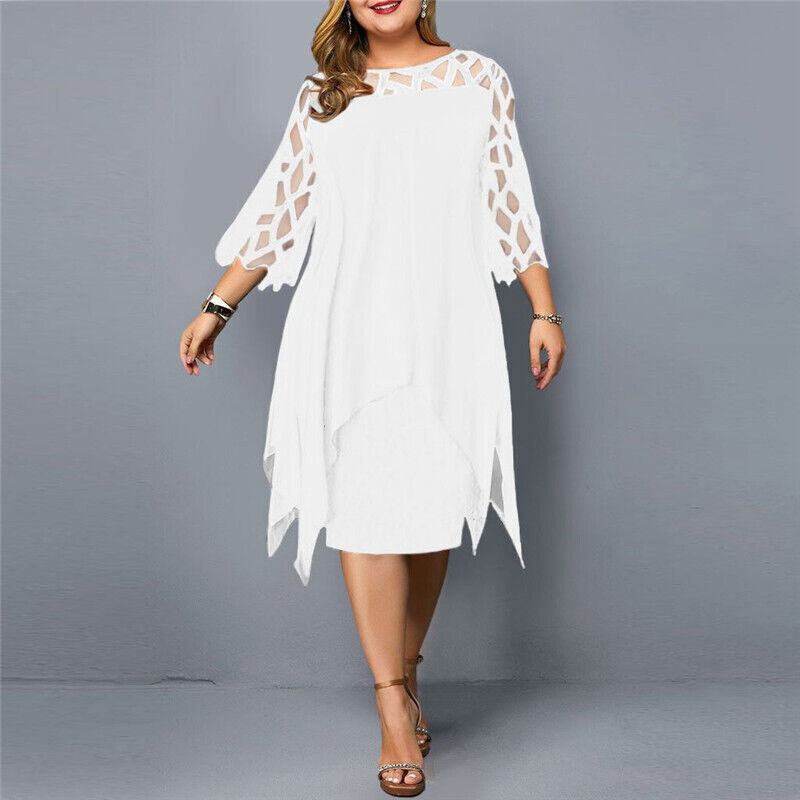 Nola | Elegant Plus-Size Midi Evening Lace Dress with 3/4 Sleeves, Embroidered and Asymmetrical Design.