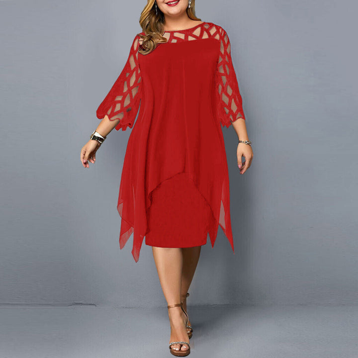 Nola | Elegant Plus-Size Midi Evening Lace Dress with 3/4 Sleeves, Embroidered and Asymmetrical Design.