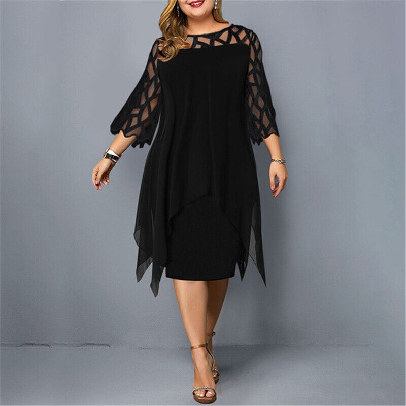 Nola | Elegant Plus-Size Midi Evening Lace Dress with 3/4 Sleeves, Embroidered and Asymmetrical Design.