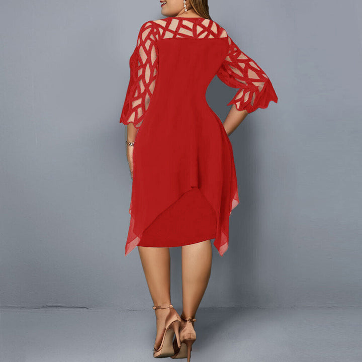 Nola | Elegant Plus-Size Midi Evening Lace Dress with 3/4 Sleeves, Embroidered and Asymmetrical Design.
