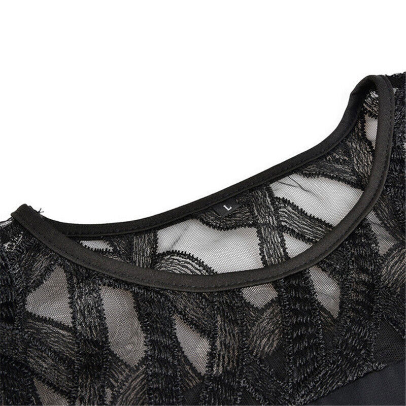 Nola | Elegant Plus-Size Midi Evening Lace Dress with 3/4 Sleeves, Embroidered and Asymmetrical Design.