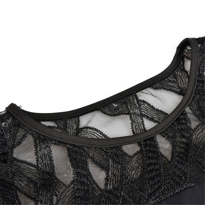 Nola | Elegant Plus-Size Midi Evening Lace Dress with 3/4 Sleeves, Embroidered and Asymmetrical Design.