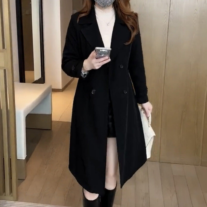 Trench-coat femme élégant d’automne en mélange de laine, à double boutonnage